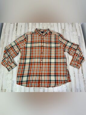 Eddie Bauer Shirt Mens XXL Button Up Orange Plaid Flannel Cotton Pocket Casual